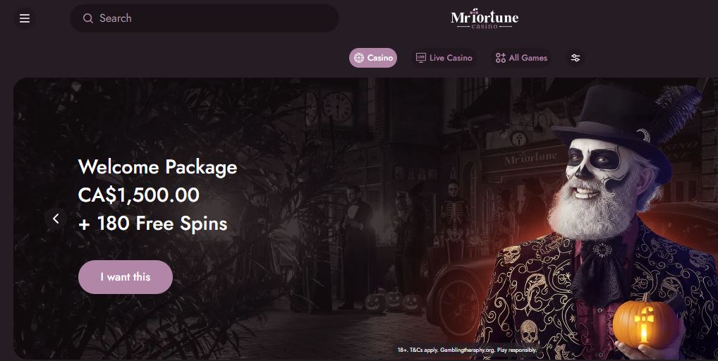 Explore Mr Fortune casino homepage with navigation menu