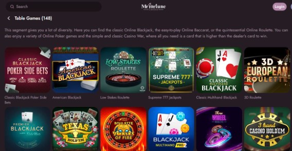 Play table games including blackjack poker roulette and baccarat variations
